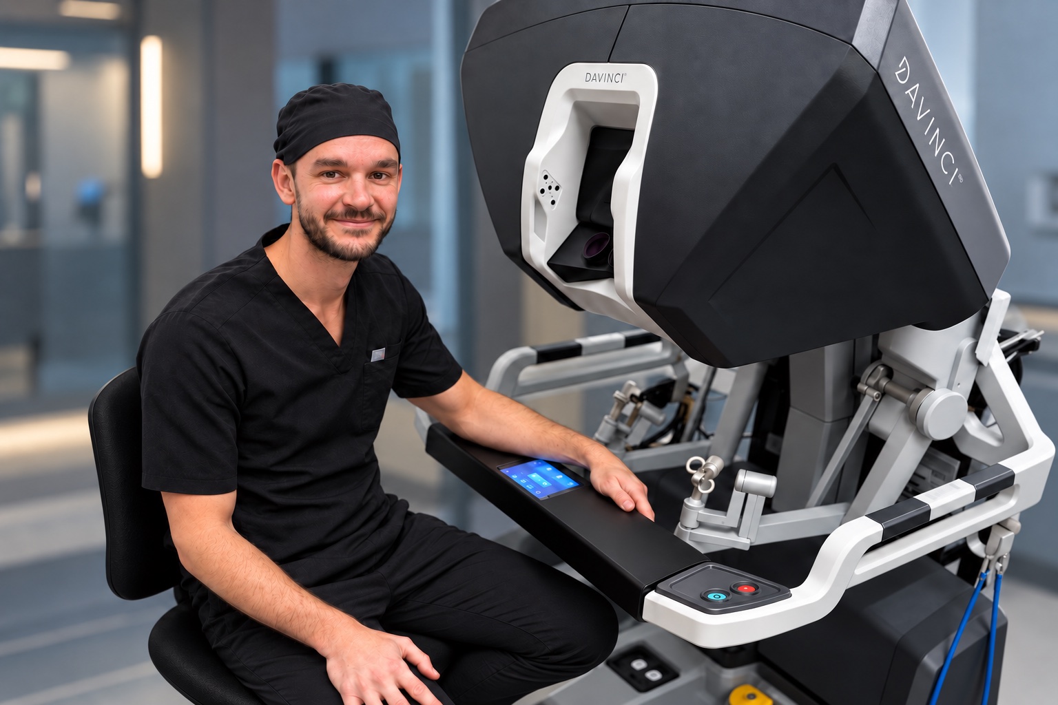 Dr Jan Adlam seated at the da Vinci surgical console.