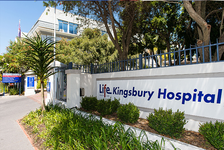 Life Kingsbury Hospital exterior, with the hospital name on the wall beside the entrance.