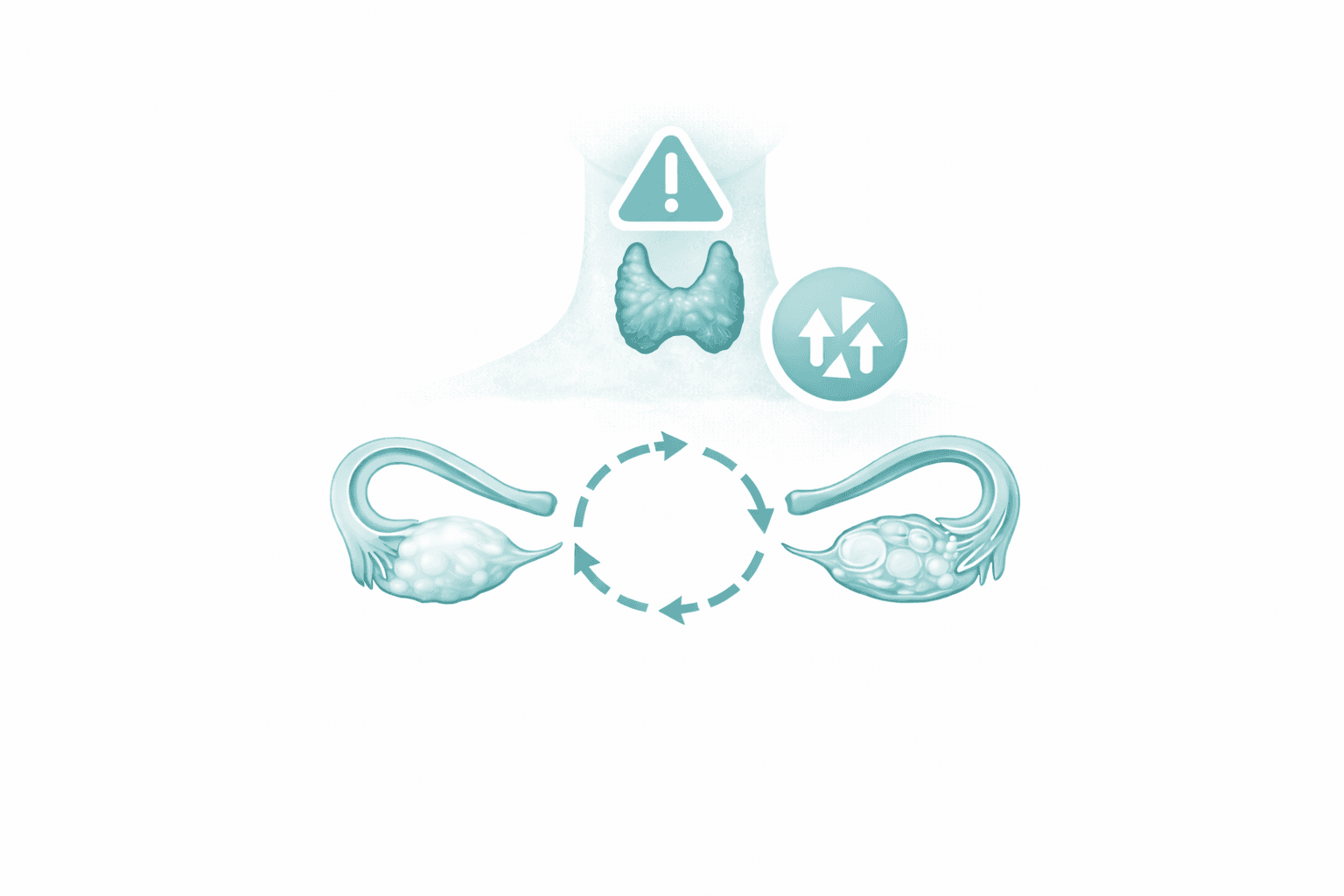 Illustration of thyroid and endocrine hormone signaling affecting ovulation and menstrual cycle timing.